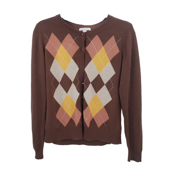 New York & Co Large Argyle Print Sweater Cardigan Womens Brown Diamond - Picture 1 of 11